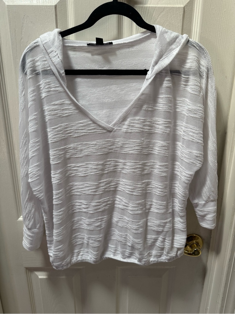 INC International Concepts White Sheer Hooded V-Neck Top